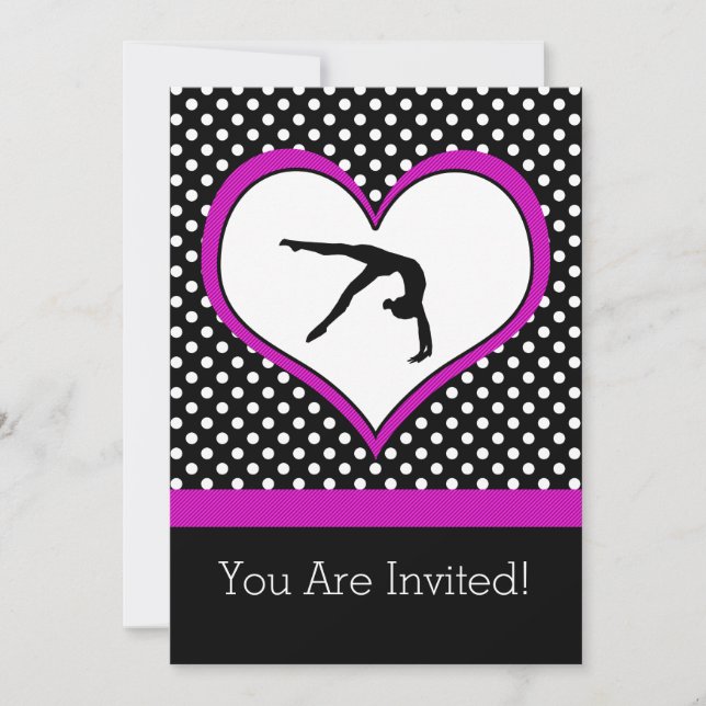 Pink Polka-Dot Gymnastics with heart Invitation (Front)
