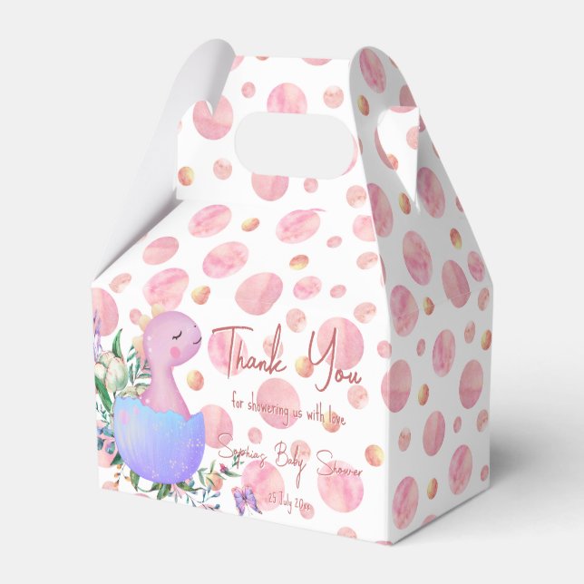 Pink polka dot hatching baby dinosaur personalised favour box (Front Side)