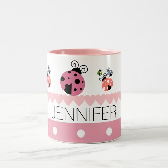 Pink Polka Dot Heart Ladybug Custom Name Two-Tone Coffee Mug (Center)