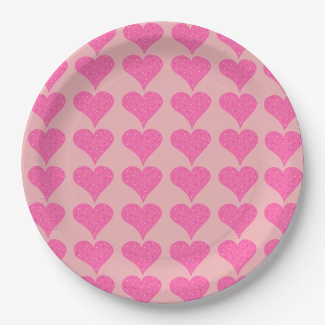 Pink Polka Dot Hearts Paper Plate (Front)