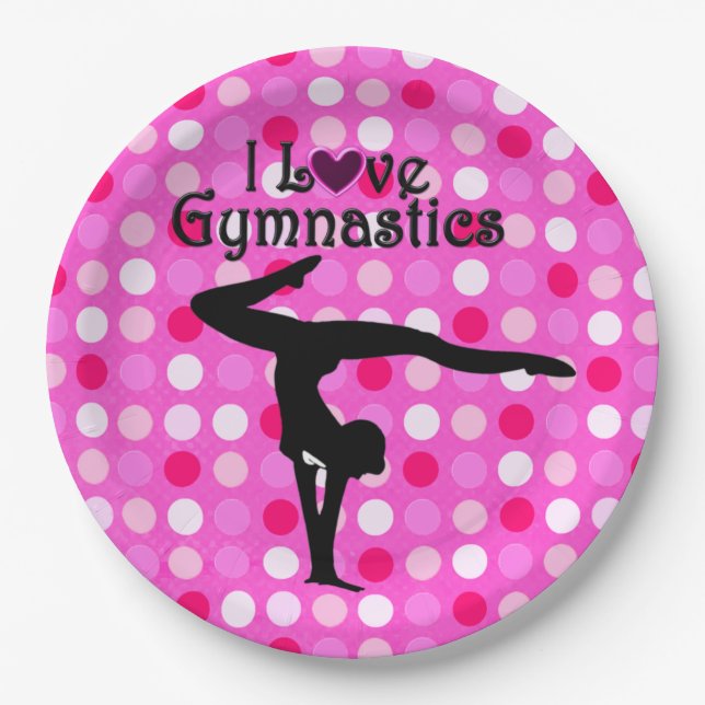 PINK POLKA DOT I LOVE GYMNASTICS PAPER PLATES (Front)