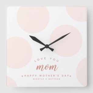 Pink Polka Dot Love You Mom Square Wall Clock
