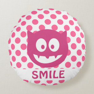 Pink Polka Dot Monster SMILE Round Cushion