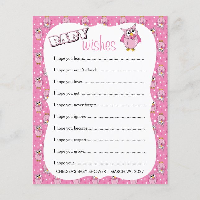 Pink Polka Dot Owl Baby Shower Theme Baby Wishes Flyer (Front)