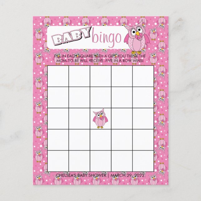 Pink Polka Dot Owl Baby Shower Theme Bingo Game Flyer (Front)