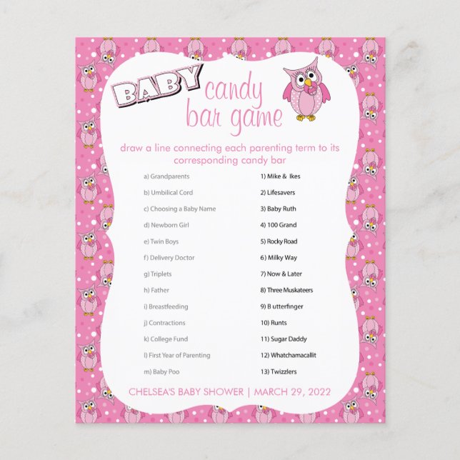Pink Polka Dot Owl Baby Shower Theme Candy Bar Flyer (Front)