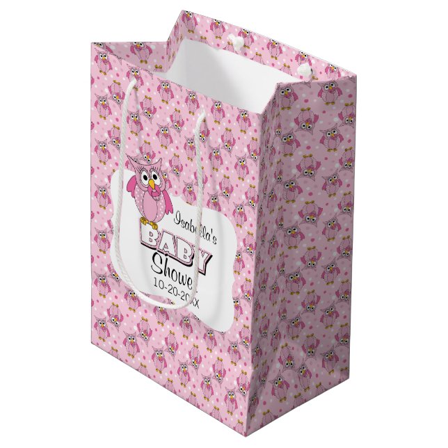 Pink Polka Dot Owl Baby Shower Theme Medium Gift Bag (Front Angled)