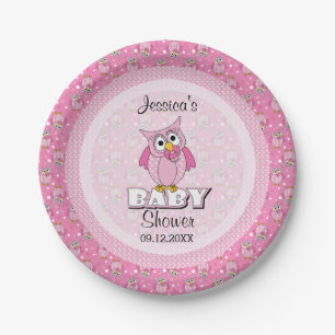 Pink Polka Dot Owl Baby Shower Theme Paper Plate