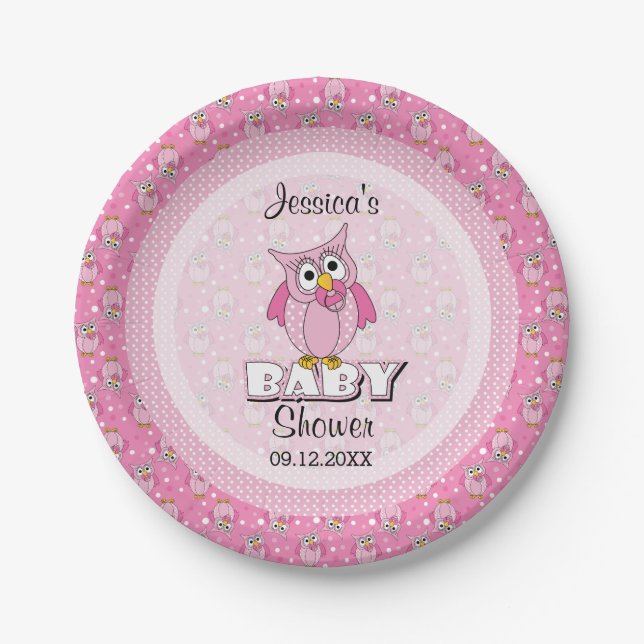Pink Polka Dot Owl Baby Shower Theme Paper Plate (Front)