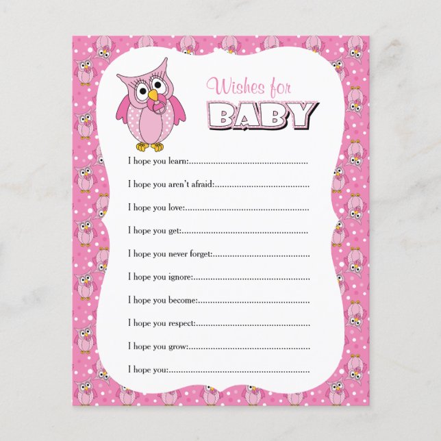 Pink Polka Dot Owl Baby Shower - Wishes (Front)
