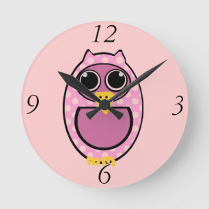 PINK POLKA DOT OWL ROUND CLOCK