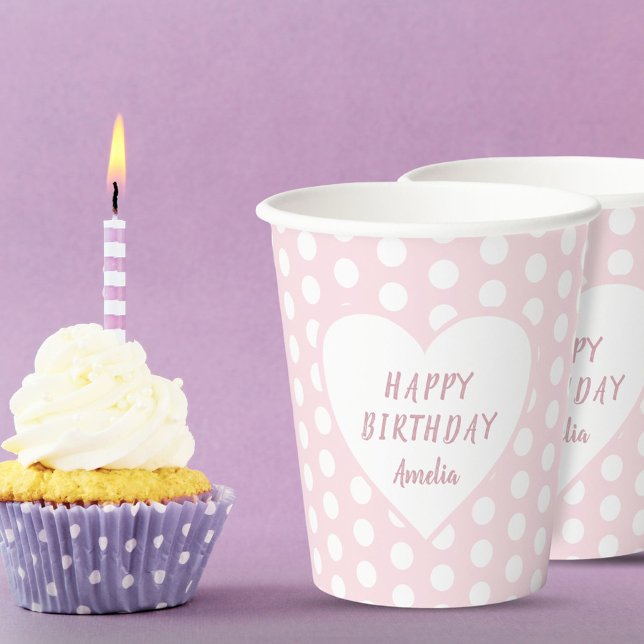 Pink Polka Dot Pattern Heart Birthday Party Paper Cups (Creator Uploaded)