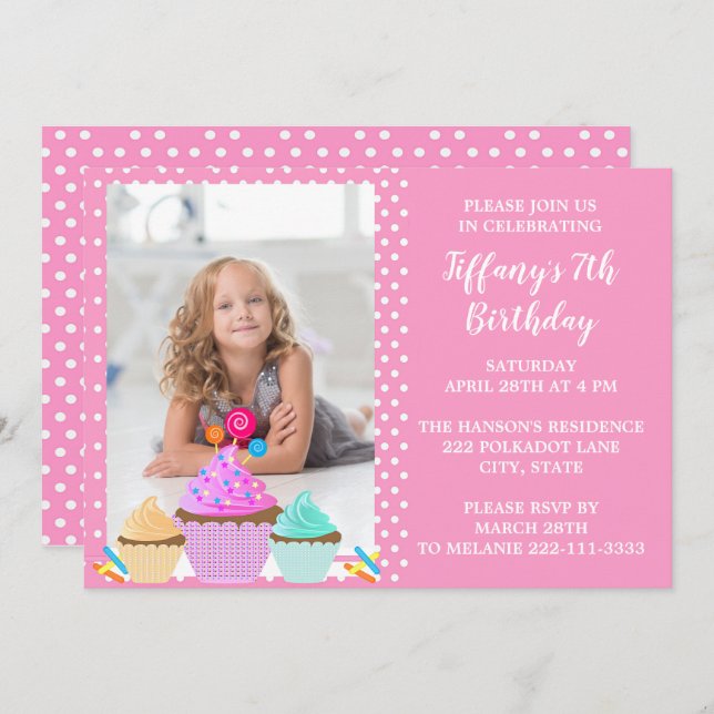Pink Polka Dot Photo Birthday Invitation (Front/Back)