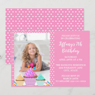 Pink Polka Dot Photo Birthday Invitation