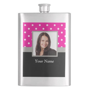 Pink Polka dot photo template Hip Flask