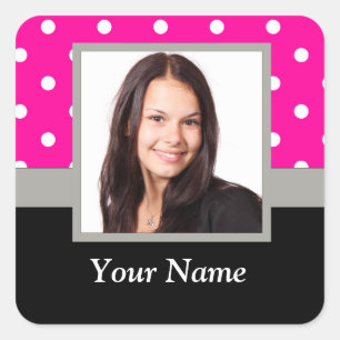 Pink Polka dot photo template Square Sticker