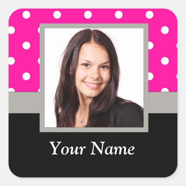 Pink Polka dot photo template Square Sticker (Front)