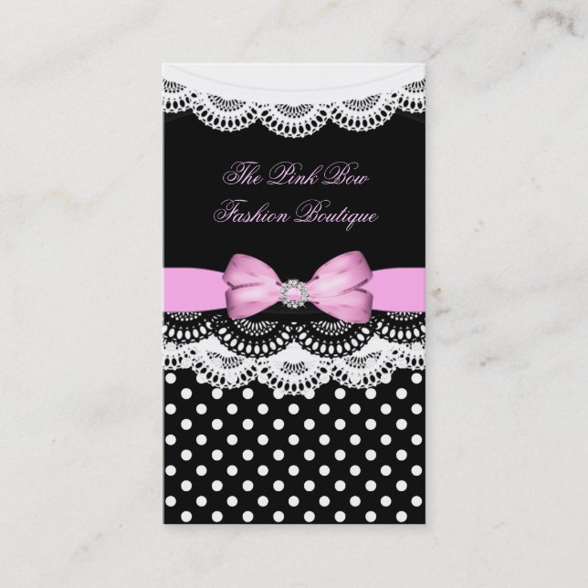 Pink Polka Dot Pink Black Lace White Diamond Bow Business Card (Front)