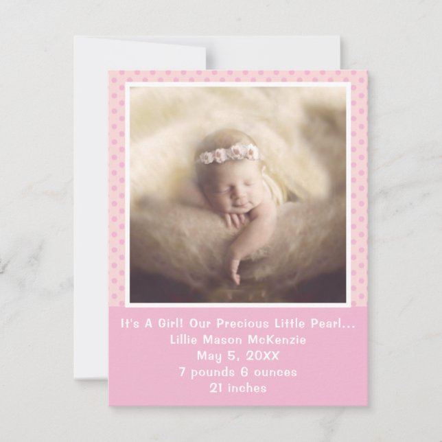 Pink Polka Dot Precious Pearl Baby Girl  Announcement (Front)