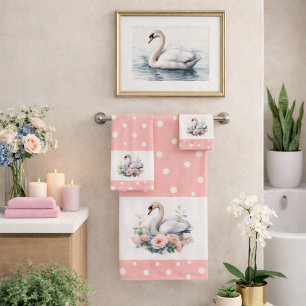Pink Polka Dot Swan and Floral Towel Set 