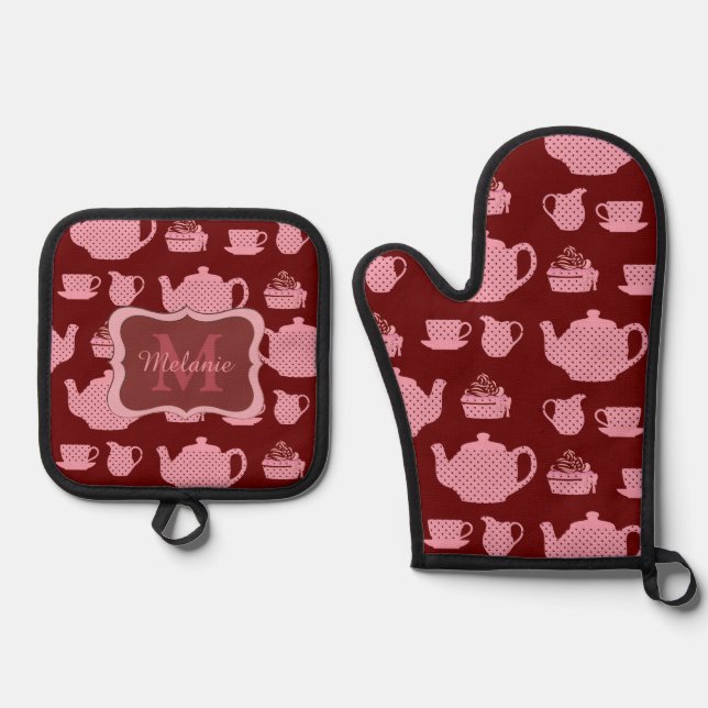 Pink Polka Dot Tea Set Burgundy Personalised (Front)
