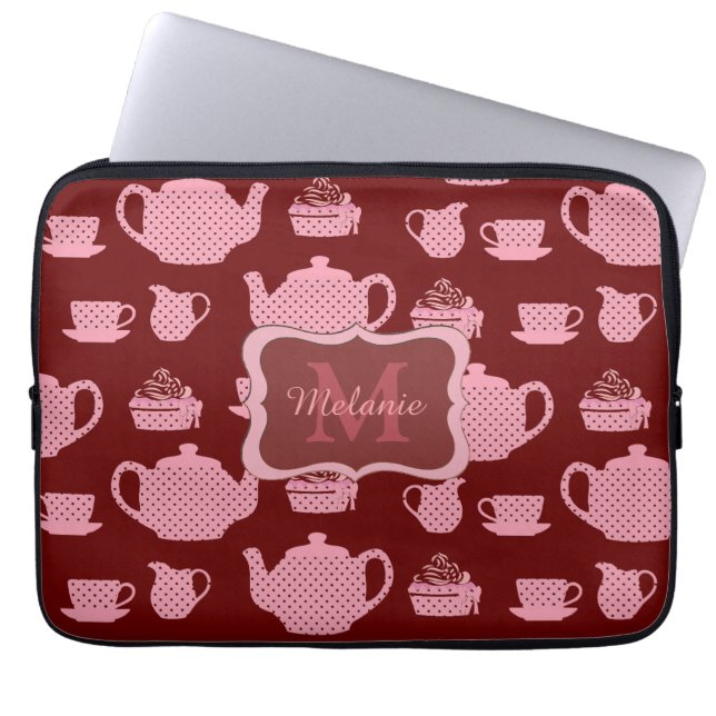 Pink Polka Dot Tea Set Burgundy Personalised Laptop Sleeve (Front)