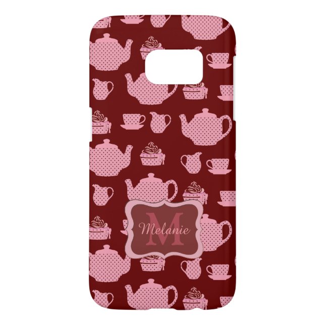 Pink Polka Dot Tea Set on Burgundy Case-Mate Samsung Galaxy Case (Back)