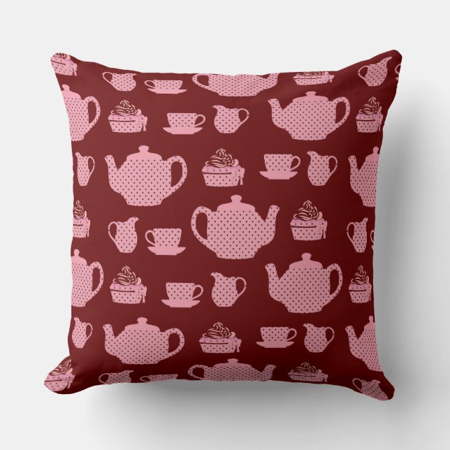 Pink Polka Dot Tea Set on Burgundy Pattern Cushion (Front)