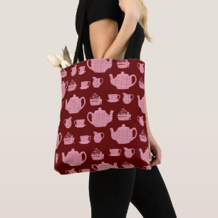Pink Polka Dot Tea Set on Burgundy Pattern Tote Bag