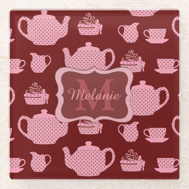 Pink Polka Dot Tea Set on Burgundy Personalised Glass Coaster (Front)