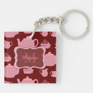 Pink Polka Dot Tea Set on Burgundy Personalised Key Ring