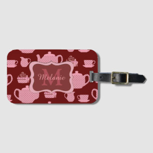 Pink Polka Dot Tea Set on Burgundy Personalised Luggage Tag