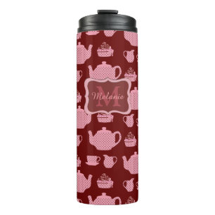 Pink Polka Dot Tea Set on Burgundy Personalised Thermal Tumbler