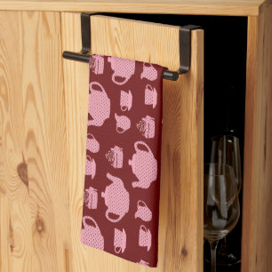 Pink Polka Dot Tea Set on Burgundy Tea Towel