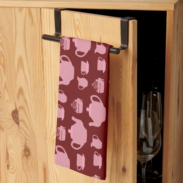 Pink Polka Dot Tea Set on Burgundy Tea Towel (Thirds Fold)