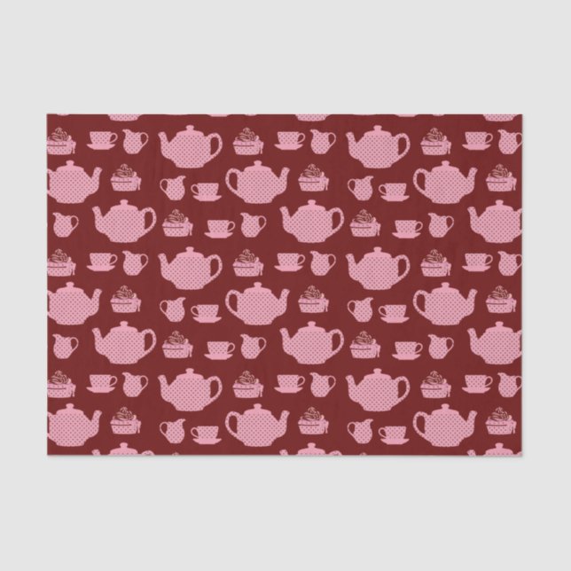 Pink Polka Dot Tea Set on Burgundy Tissue Paper (Front)