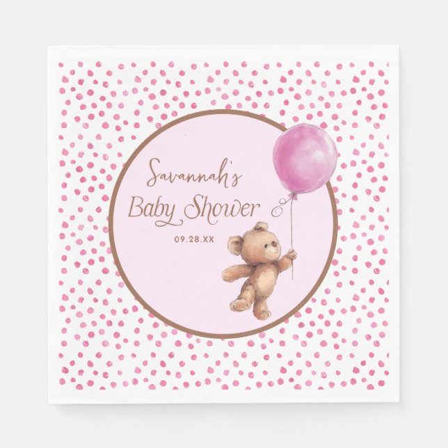 Pink Polka Dot Teddy Bear Balloon Baby Shower  Napkin (Front)