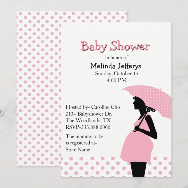 Pink Polka Dot Umbrella Baby Shower Invitation (Front/Back)