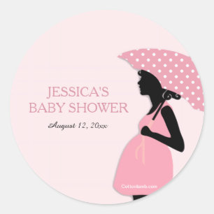Pink Polka Dot Umbrella Baby Shower Stickers