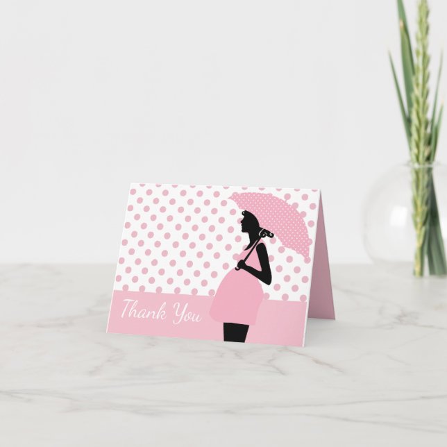 Pink Polka Dot Umbrella Baby Shower Thank You Card (Front)