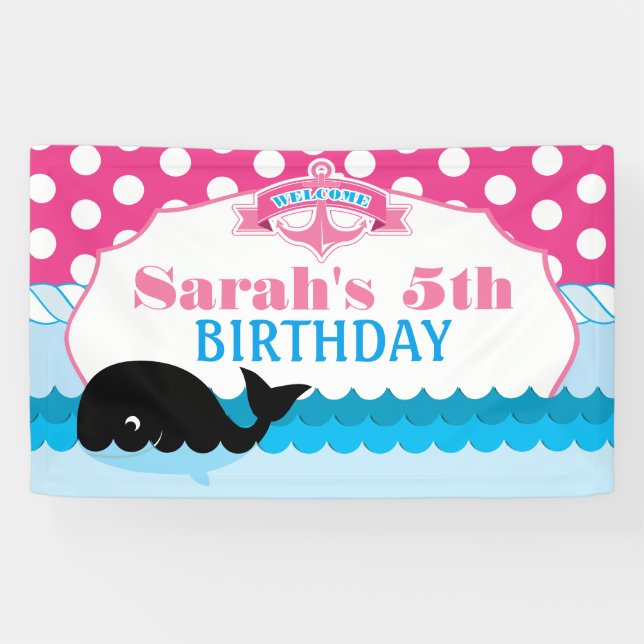 Pink Polka Dot, Whale Party Banner (Horizontal)