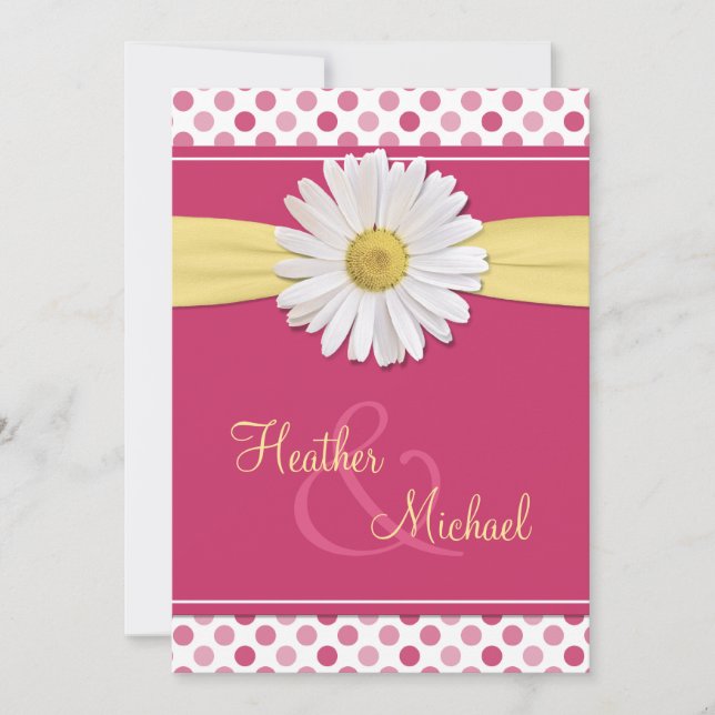 Pink Polka Dot White Daisy Wedding Invitation (Front)