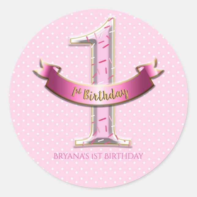 Pink Polka Dots & Banner ONE 1st 1 Birthday Party Classic Round Sticker (Front)