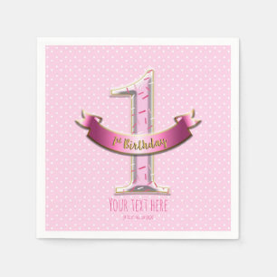 Pink Polka Dots & Banner ONE 1st 1 Birthday Party Napkin