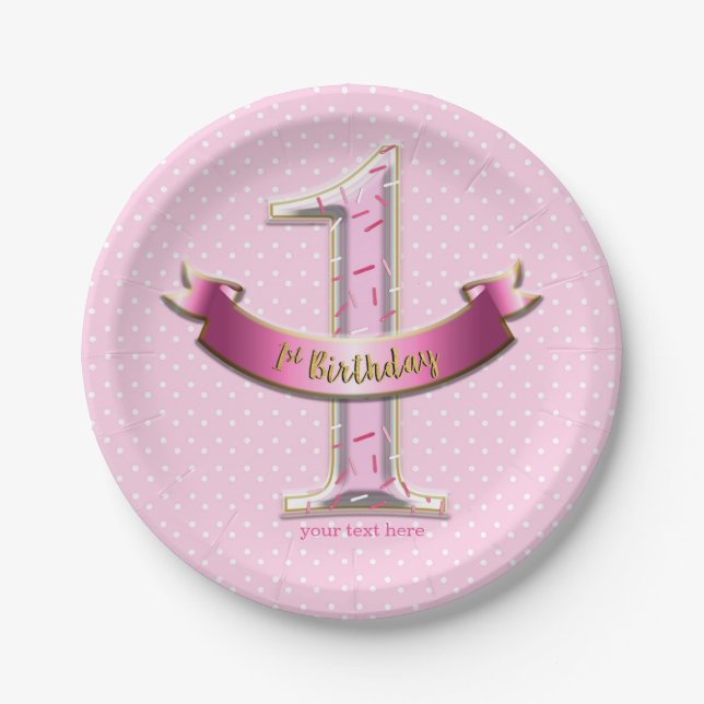 Pink Polka Dots & Banner ONE 1st 1 Birthday Party Paper Plate (Front)