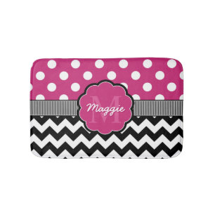 Pink Polka Dots Black Chevron Monogram Bath Mat
