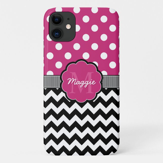 Pink Polka Dots Black Chevron Monogram Case-Mate iPhone Case (Back)