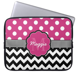 Pink Polka Dots Black Chevron Monogram Laptop Sleeve