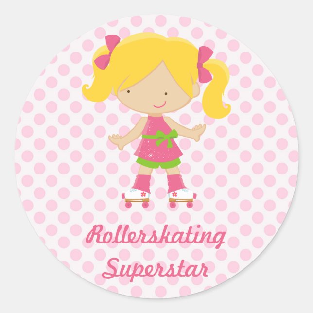 Pink Polka Dots Blonde Rollerskating Superstar Sti Classic Round Sticker (Front)