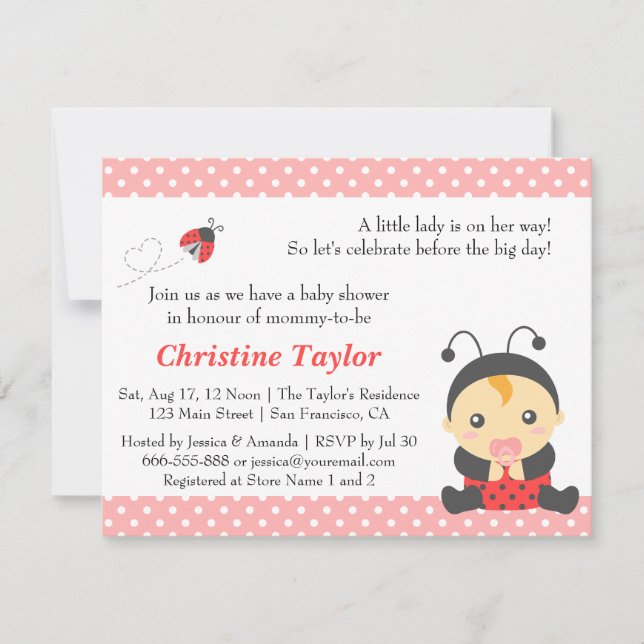 Pink Polka Dots Cute Ladybug Girl Baby Shower Invitation (Front)